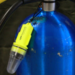 Princeton Tec Aqua Strobe LED Marker Light attached to SCUBA diving oxygen tank